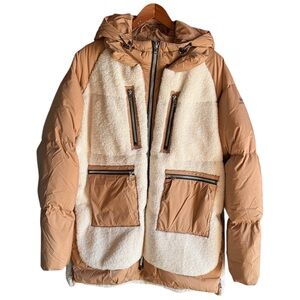 Cream and Tan Sherpa Puffer Jacket